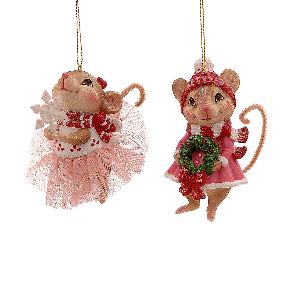 Viv! Christmas Kerstornament - Muis met Sneeuwvlok en Kerstkrans - set van 2 - roze wit bruin - 8cm