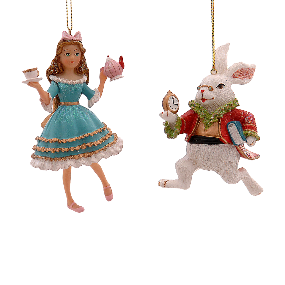 Viv! Christmas Kerstornament - Alice in Wonderland en Konijn - set van 2 - rood blauw - 10cm