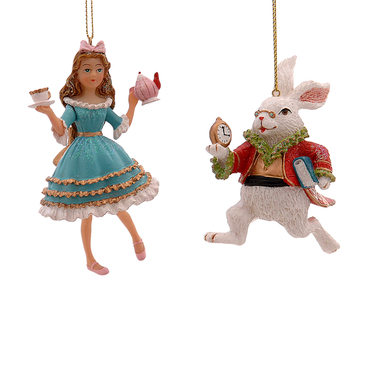 Viv! Christmas Kerstornament - Alice in Wonderland en Konijn - set van 2 - rood blauw - 10cm