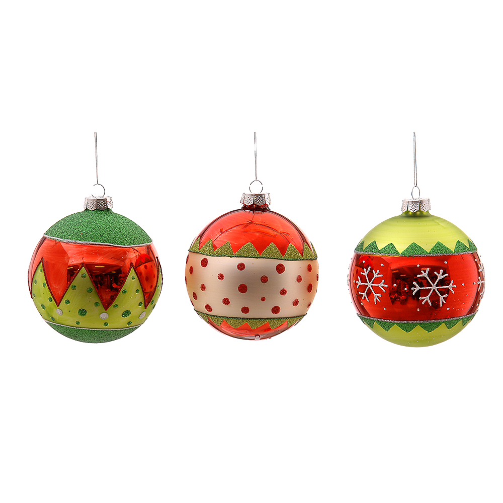 Viv! Christmas Kerstbal - Elfen Thema met Glitter en Patronen - set van 3 - glas - groen rood wit - Ø10cm