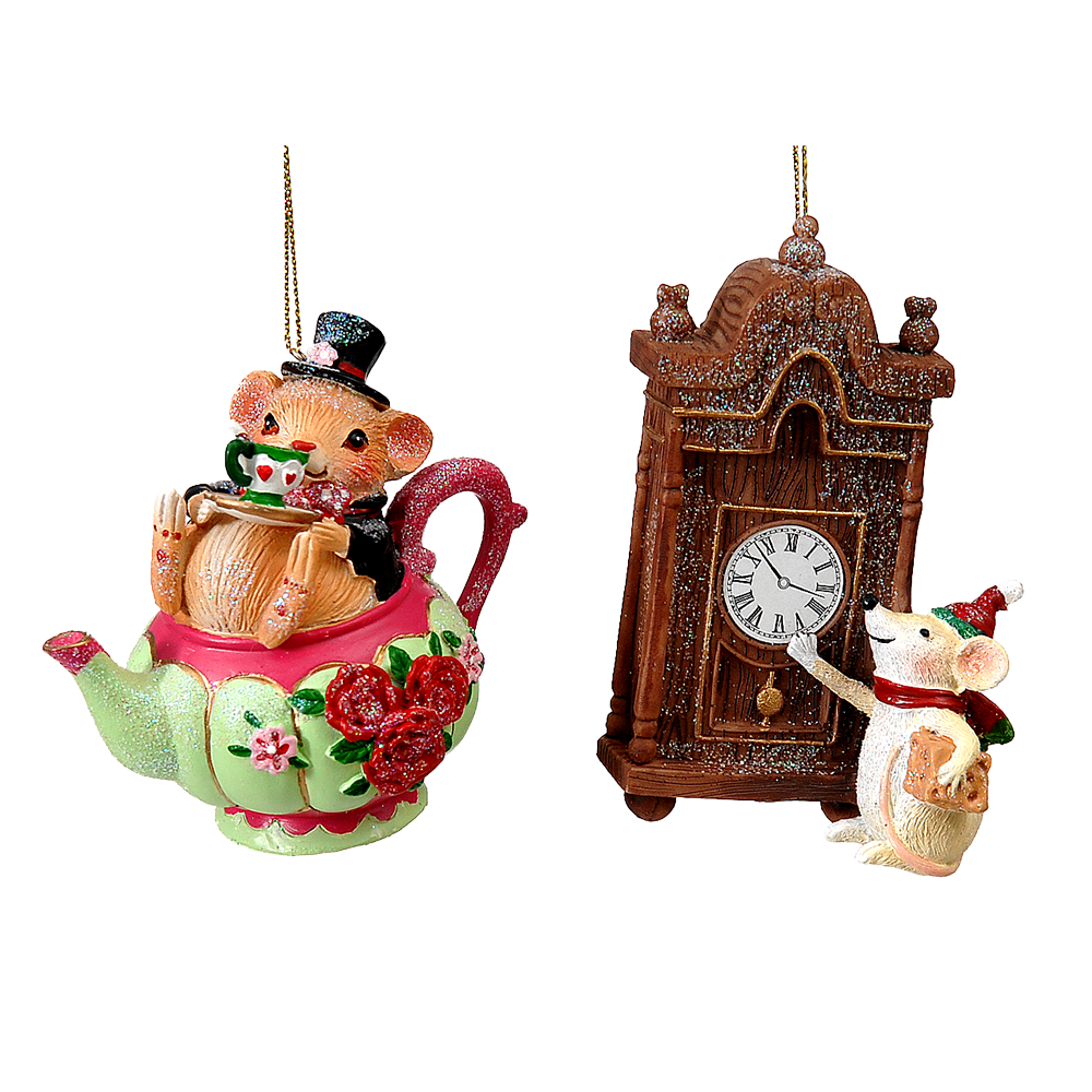 Viv! Christmas Kerstornament - Muis in Theepot en bij Klok - set van 2 - roze groen bruin - 10cm