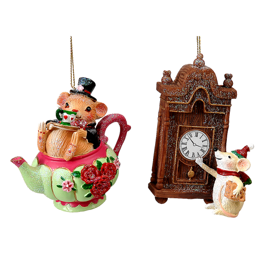 Viv! Christmas Kerstornament - Muis in Theepot en bij Klok - set van 2 - roze groen bruin - 10cm