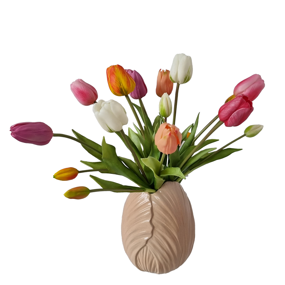 Viv! Home Luxuries - Tulpen boeket - dubbele bos - 17 stuks - kunststof bloem - 47cm - roze perzik wit oranje geel paars