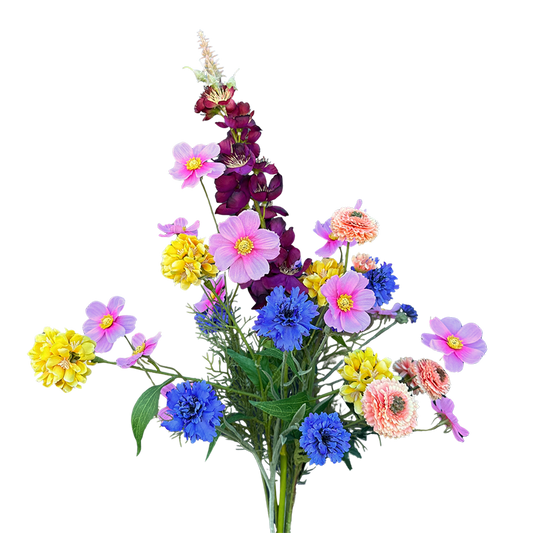 Viv! Home Luxuries Kunstbloem Boeket Sofia - zijden bloemen - Korenbloem Cosmos Ridderspoor Chrysant -  blauw oranje geel roze paars