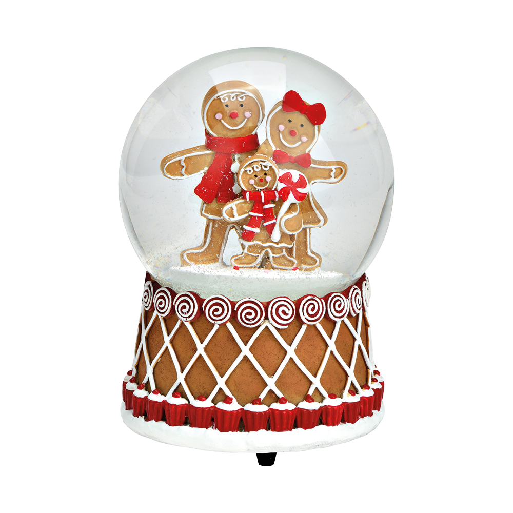 Viv! Christmas Kerst Sneeuwbol incl. Muziekdoos - Gingerbread Koekjes Familie - rood wit bruin - 16cm