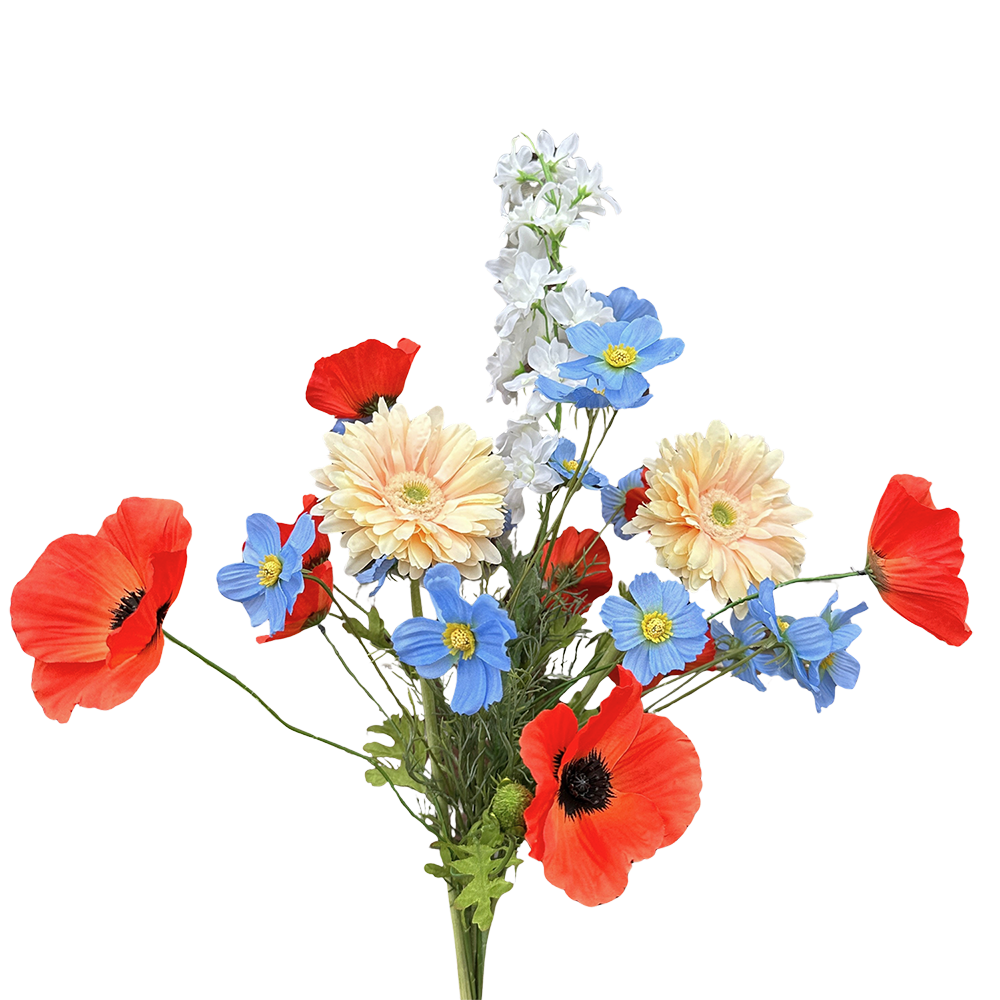 Viv! Home Luxuries Kunstbloem Boeket Liva - zijden bloemen - Klaprozen Cosmos Gerbera - rood blauw zalm wit