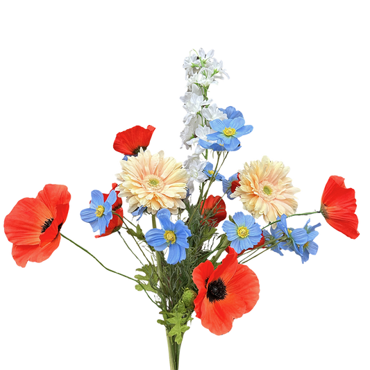 Viv! Home Luxuries Kunstbloem Boeket Liva - zijden bloemen - Klaprozen Cosmos Gerbera - rood blauw zalm wit
