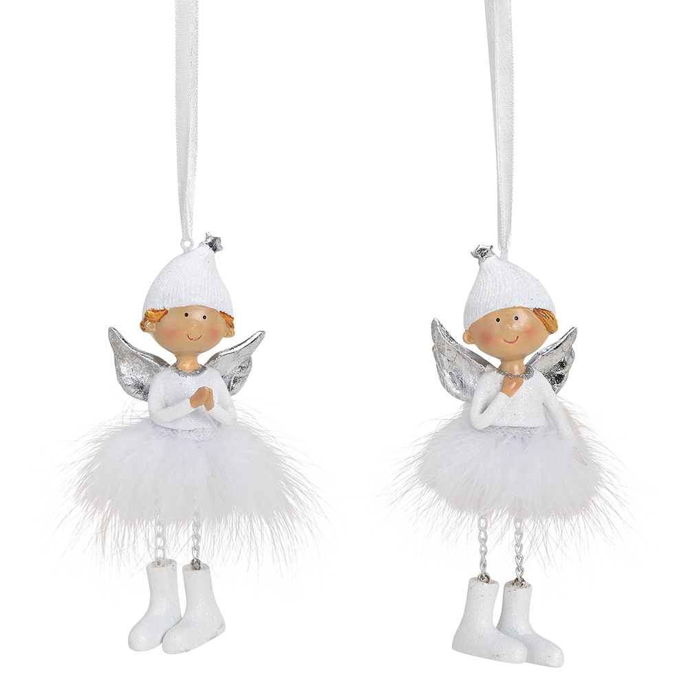 Viv! Christmas Kerstornament - Engeltjes met veren - set van 2 - wit zilver - 14cm