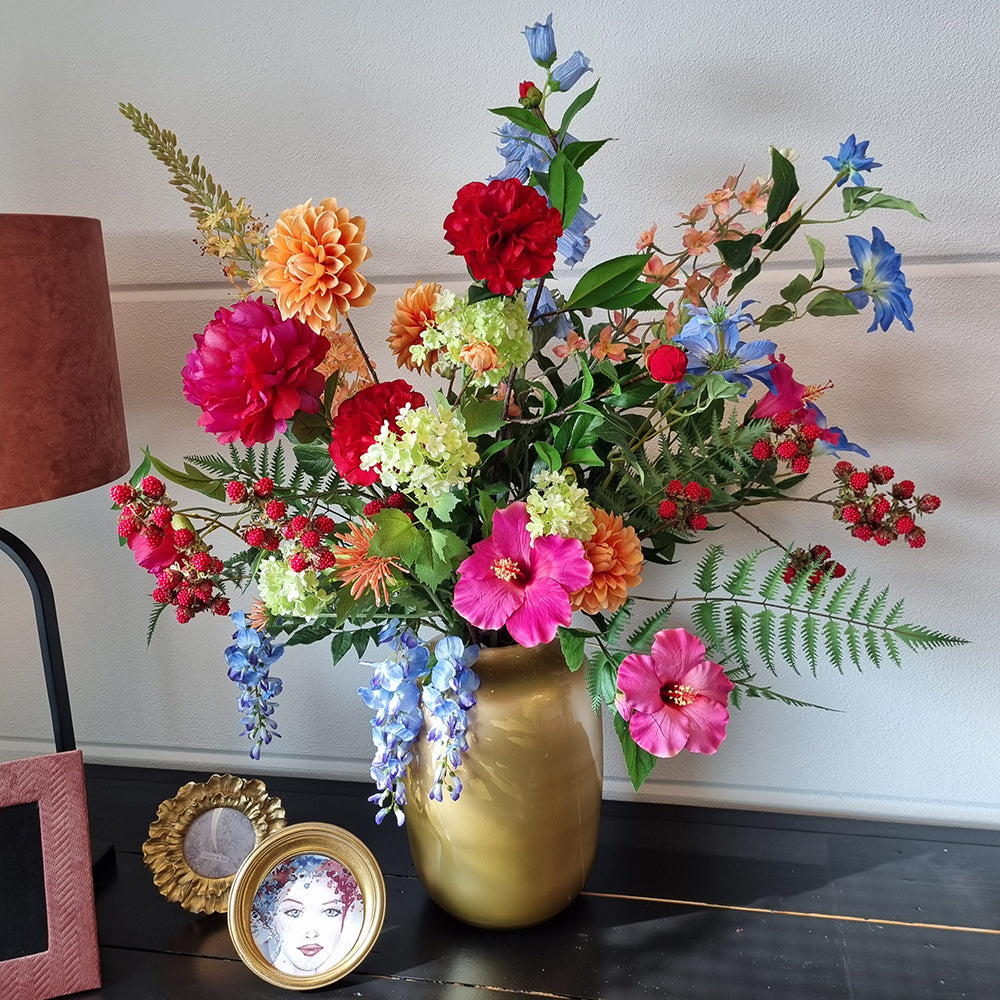 Viv! Home Luxuries Kunstbloem Boeket Nora - Zijden Bloemen - roze rood blauw zalm - Inclusief Gouden Vaas