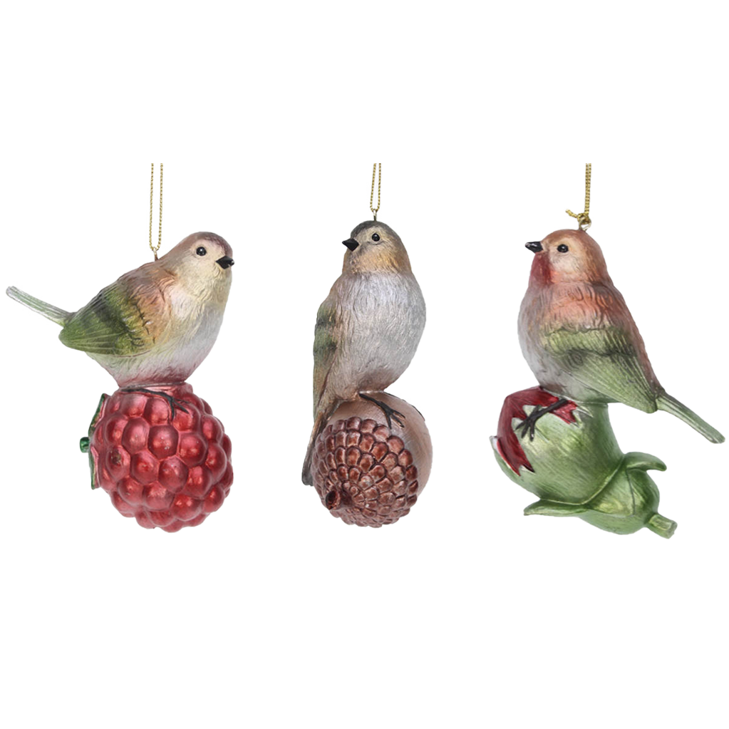 Viv! Christmas Kerstornament - Kerst vogels  - set van 3 - bruin rood groen - 9cm