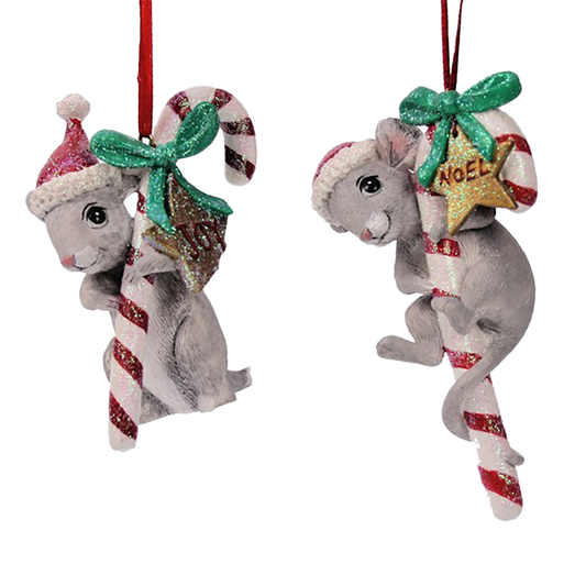 Viv! Christmas Kerstornament - Muisjes aan zuurstok - set van 2 - 9cm - grijs groen rood