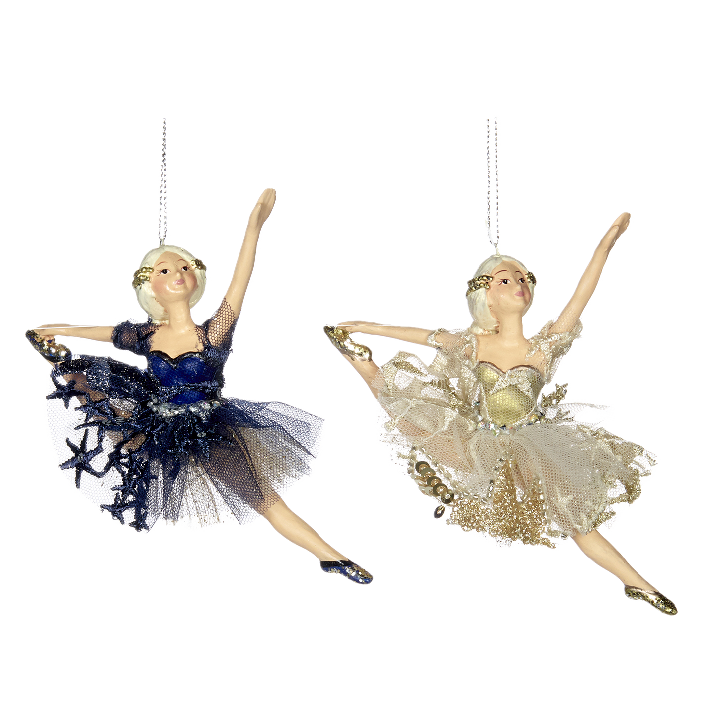 Viv! Christmas Kerstornament - Ballerina's tule rok met sterren - set van 2 - blauw goud - 15cm