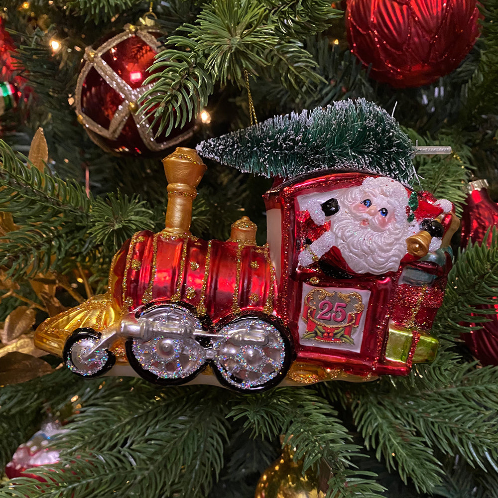 Viv! Christmas Kerstornament - Trein kerstman met kerstboom - glas - rood - groot - 17cm