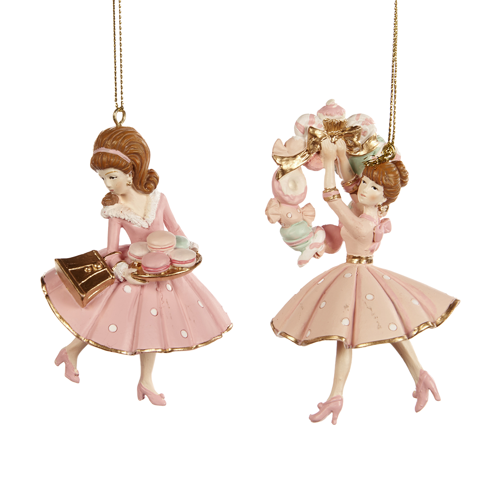 Viv! Christmas Kerstornament - meisjes met macaron - set van 2 - roze goud - 9cm
