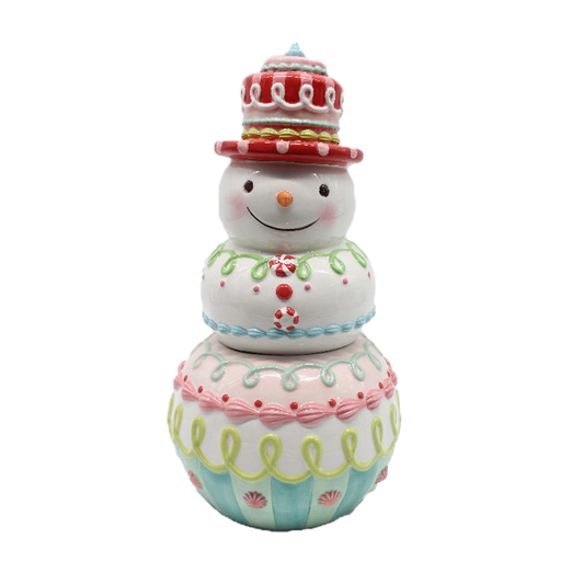 Viv! Christmas Kerstservies - Kerst Koektrommel Sneeuwpop - keramiek - pastel - roze wit - 36cm je