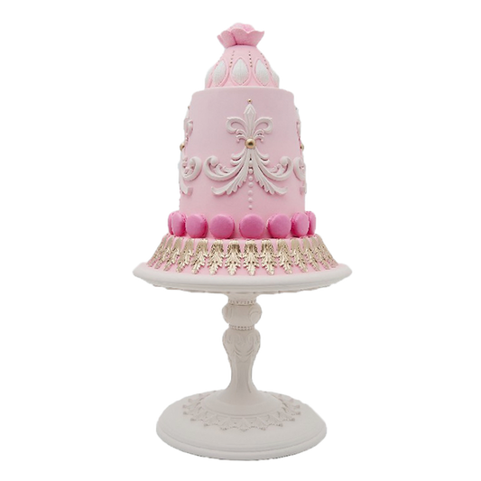 Viv! Christmas Kerstbeeld - Gedecoreerde Macaron Taart op Wit Taartplateau - roze wit - 42cm