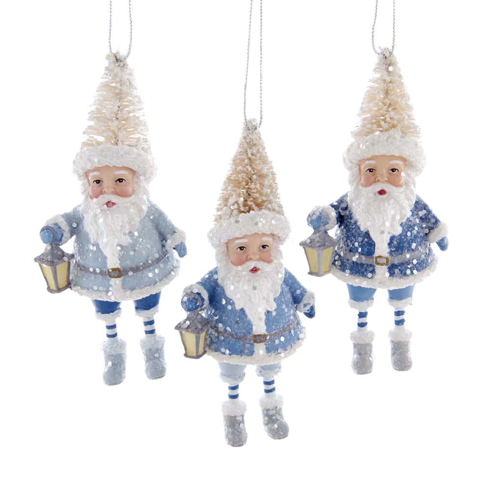Kurt S. Adler Kerstornament - Kerstmannetjes met kerstboomhoed - set van 3 - blauw wit - 11cm