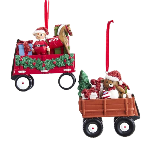 Kurt S. Adler Christmas ornament - Wagon - set of 2 - red and brown - 9cm