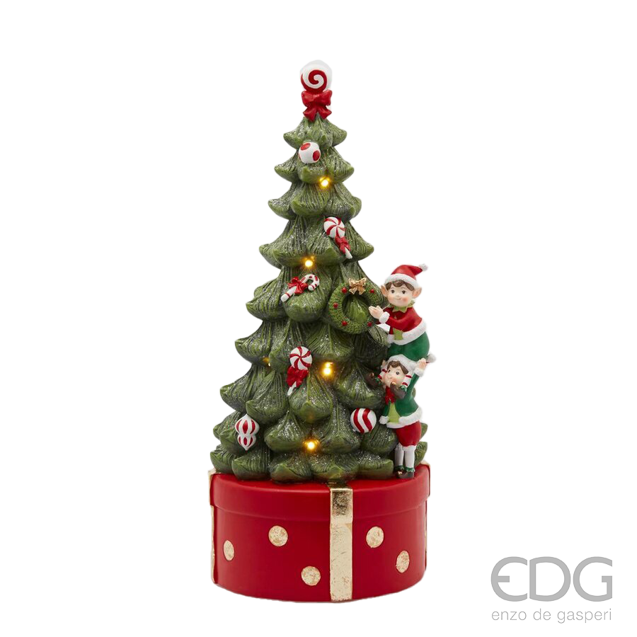 Viv! Christmas Kerst Muziekdoos - Kerstboom Elfjes met Snoep incl. LED Verlichting - rood groen - 37cm