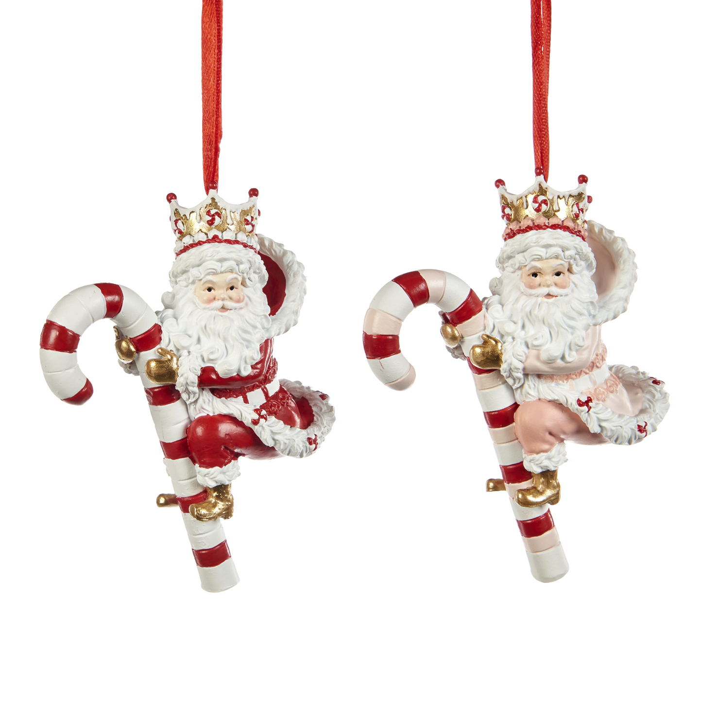 Viv! Christmas Kerstornament - Kerstman op zuurstok - set van 2 - rood roze wit - 10cm