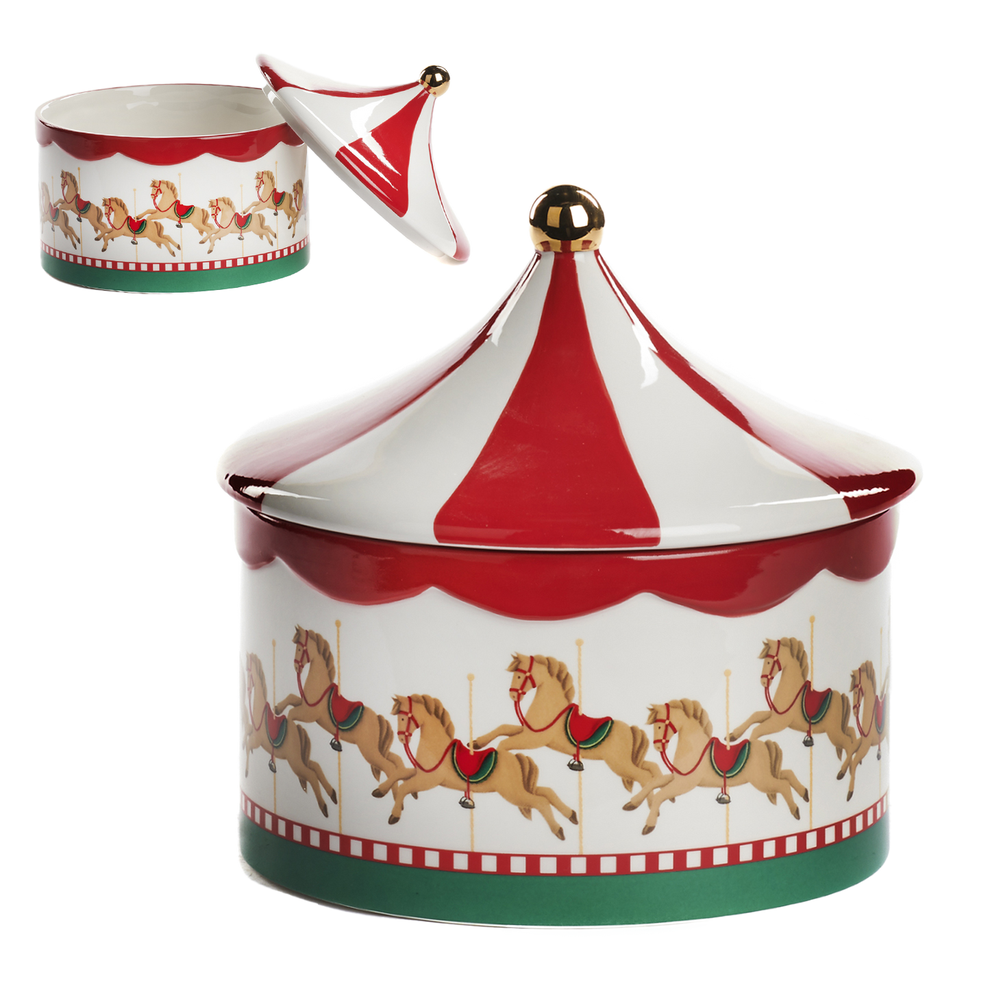 Viv! Christmas Kerstservies - Koektrommel Draaimolen - keramiek- rood wit groen - 18cm - vaatwasserbestendig