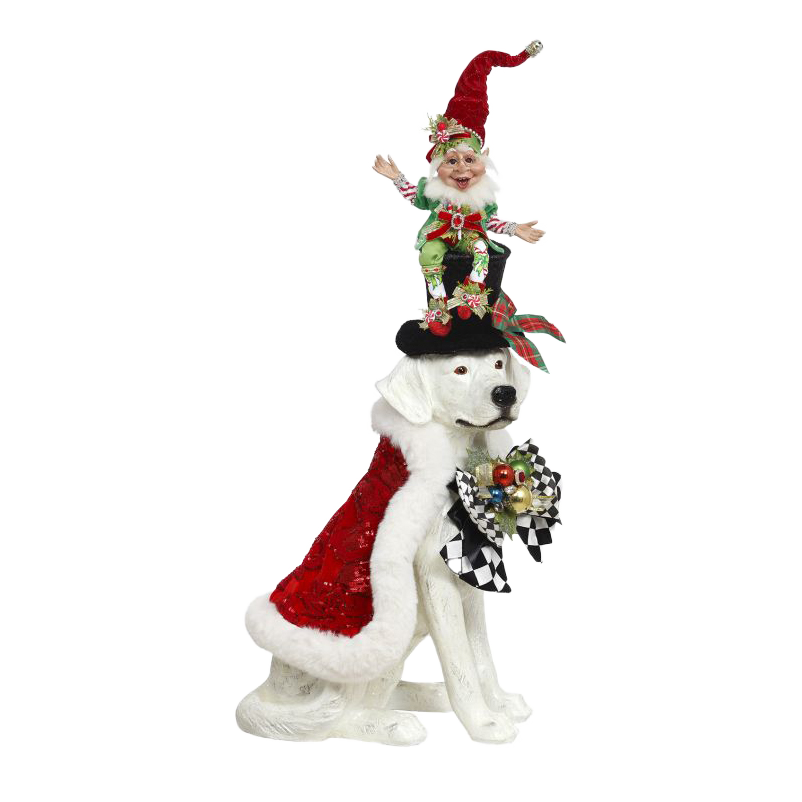 Mark Roberts Santa - Kersthond met elf - decoratiebeeld - wit zwart rood groen - 77cm - Collector's Item
