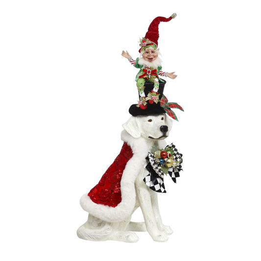 Mark Roberts Santa - Kersthond met elf - decoratiebeeld - wit zwart rood groen - 77cm - Collector's Item
