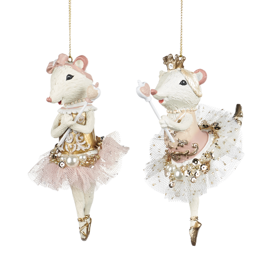 Viv! Christmas Kerstornament - Ballerina muisjes - set van 2 - roze wit goud - 12cm