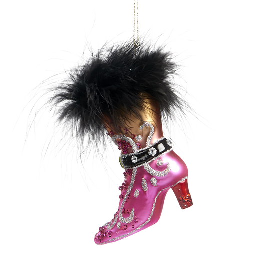 Viv! Home Luxuries Christmas ornament - Victorian boot with faux fur - glass - pink black gold - 11cm