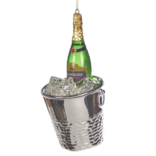 Viv! Christmas Kerstornament - Champagne in Wijnkoeler - glas - zilver groen - 13cm