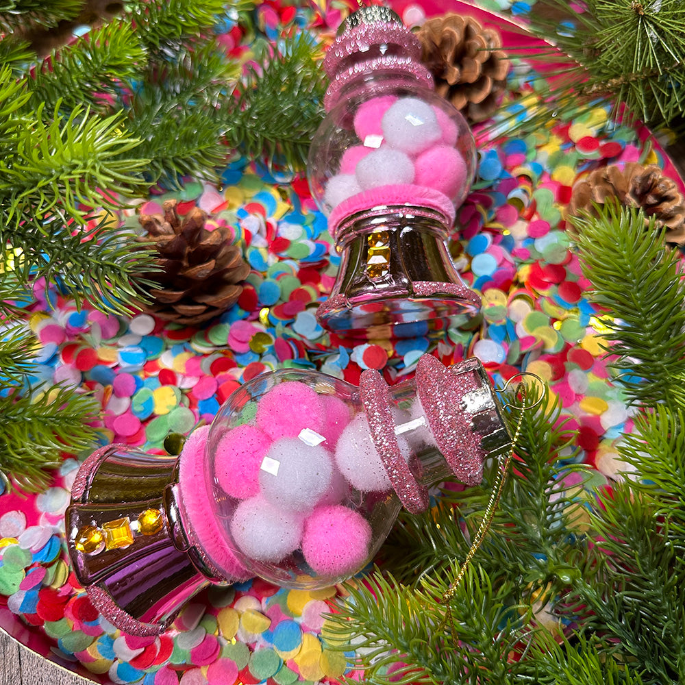 Viv! Christmas Kerstornament - Snoepautomaat kauwgomballen - roze - 13cm