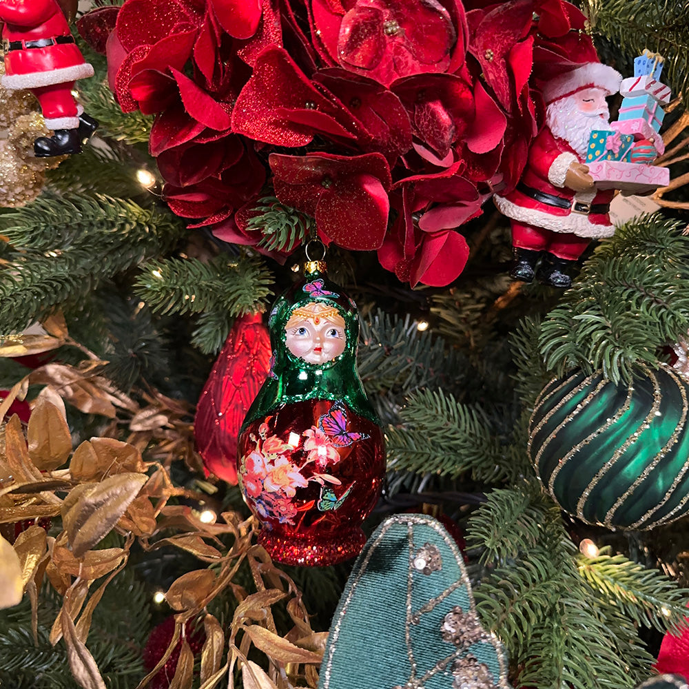 Viv! Christmas Kerstornament - Matroesjka pop - glas - rood groen - 14cm