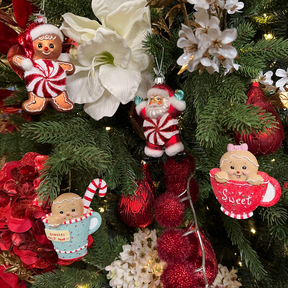 Viv! Christmas Kerstornament - Gingerbread kindjes in mok - set van 2 - blauw rood - 10cm