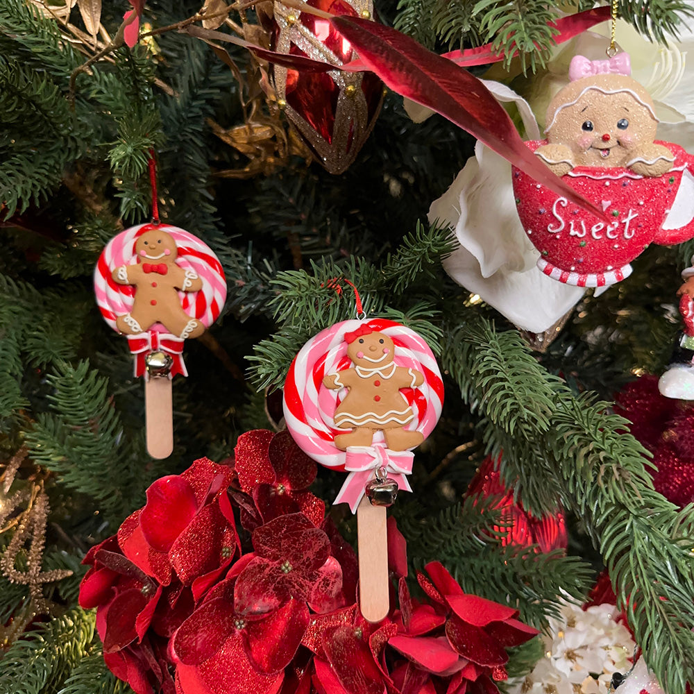 Viv! Christmas Kerstornament - Gingerbread lollies - set van 2 - roze rood bruin - 14cm