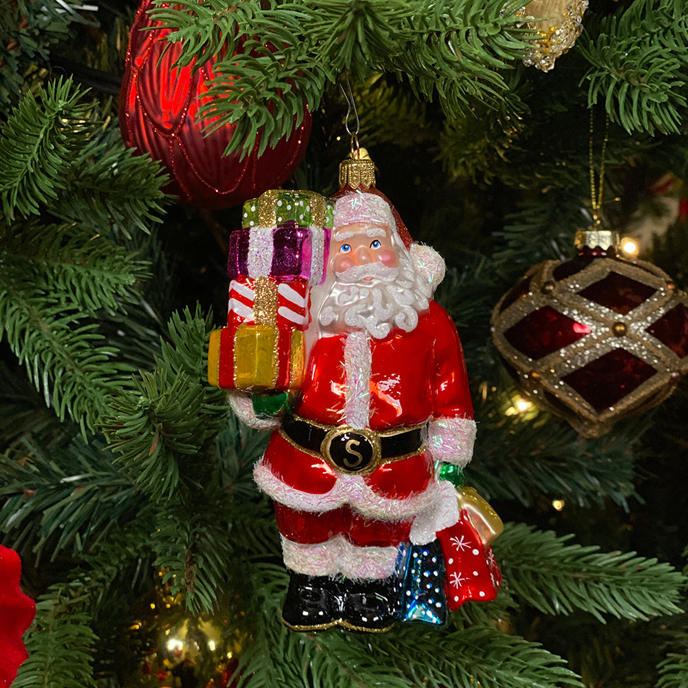 Viv! Christmas Kerstornament - Shopping Kerstman - mond geblazen glas - rood - 13cm