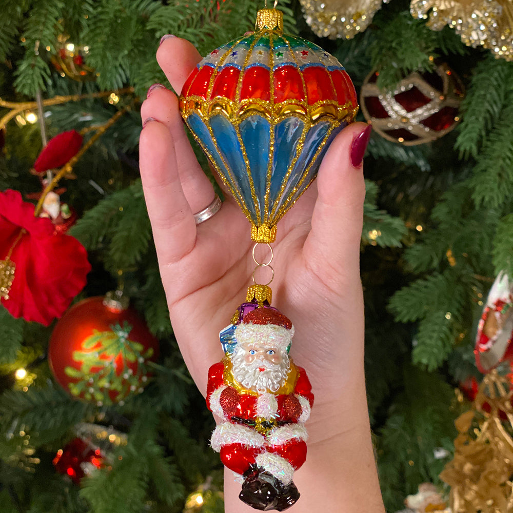 Viv! Home Luxuries Christmas ornament - Santa parachute - mouth blown glass - red gold blue green - 18cm