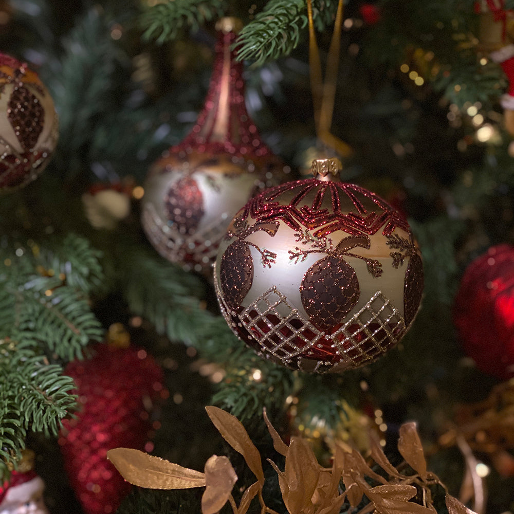 Viv! Christmas Kerstbal - set van 3 - mond geblazen glas - rood bruin groen - 10 en 16cm