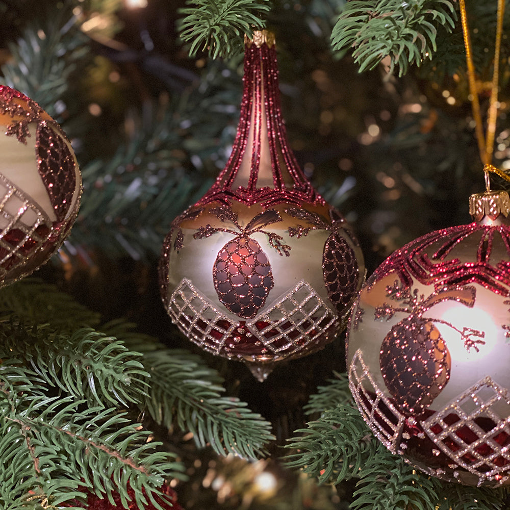 Viv! Christmas Kerstbal - set van 3 - mond geblazen glas - rood bruin groen - 10 en 16cm