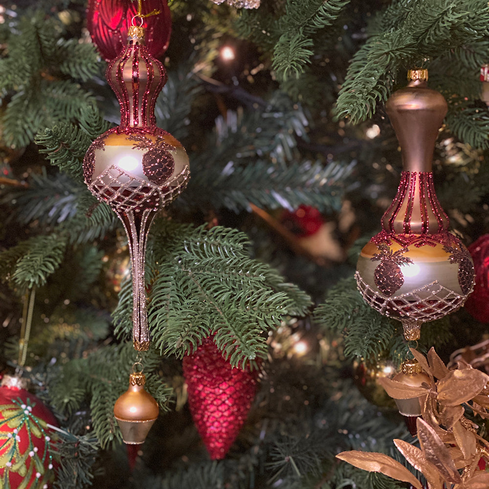 Viv! Christmas Kerstbal - set van 2 - mond geblazen glas - rood bruin groen - 23cm