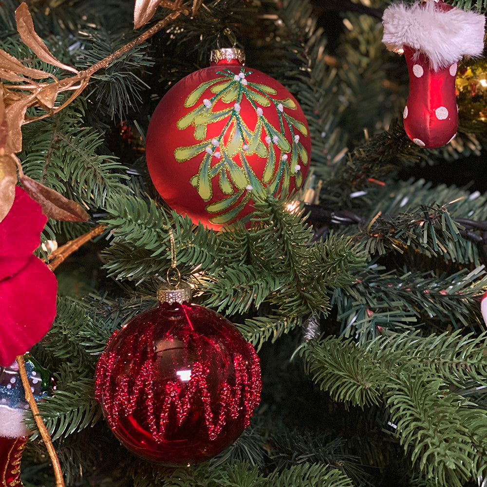 Viv! Christmas Kerstbal - Zigzag kraaltjes - set van 3 - glas - rood - 8cm