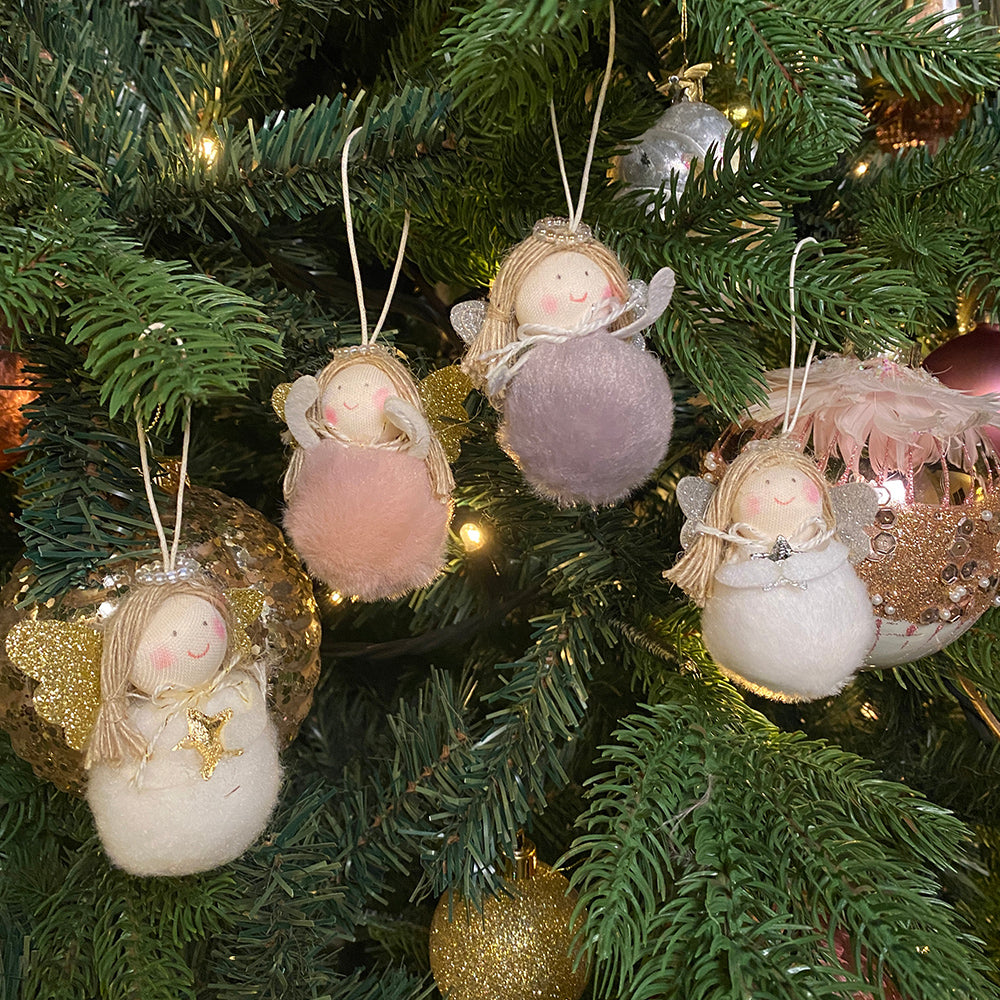 Viv! Christmas Kerstornament - Engeltjes van Stof - set van 4 - wit goud - 13cm