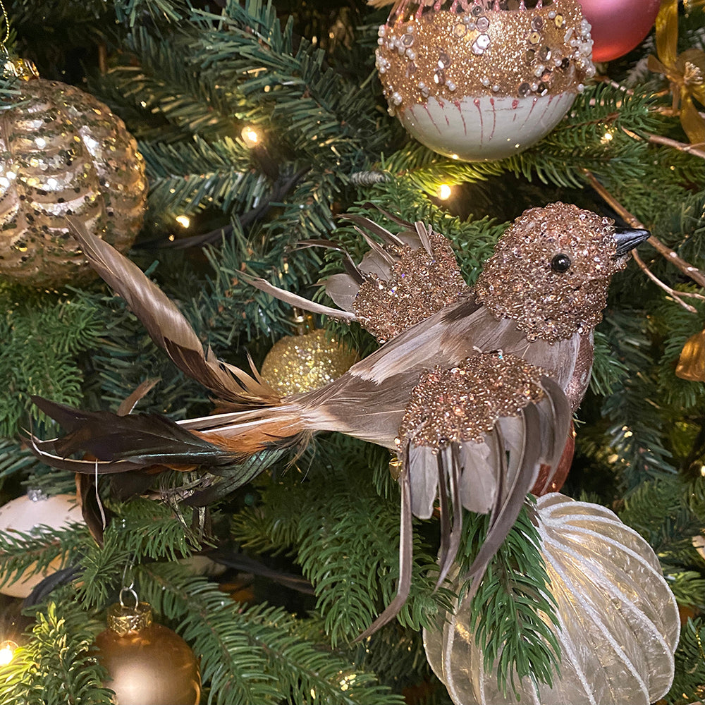 Viv! Christmas Kerstdecoratie - Vogel op clip - bruin wit - 15cm