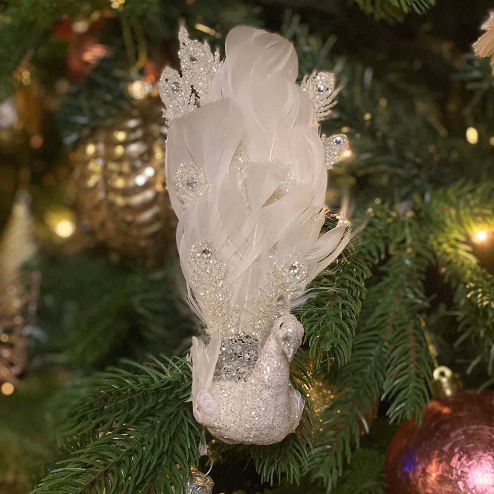 Viv! Christmas Kerstdecoratie vogel - Pauwen op clip - set van 2 - wit koper - 19cm