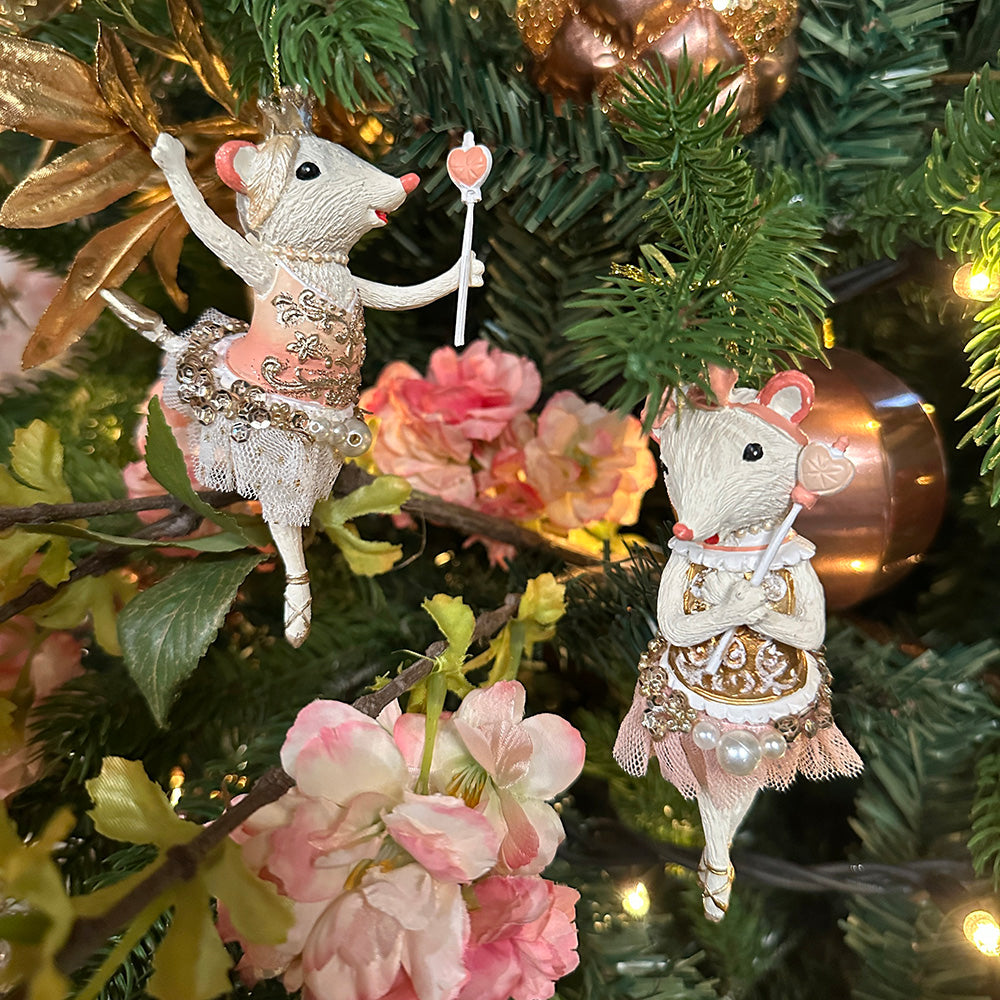 Viv! Christmas Kerstornament - Ballerina muisjes - set van 2 - roze wit goud - 12cm
