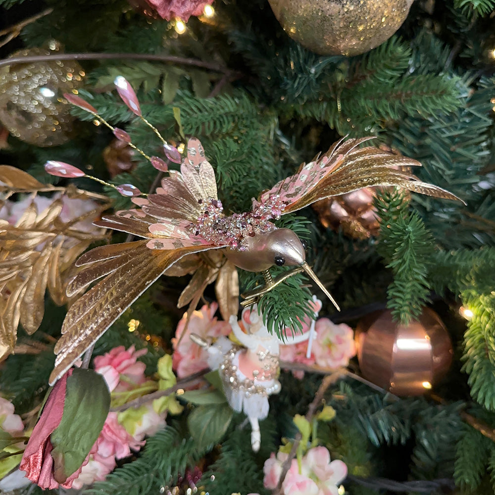 Viv! Christmas Kerstdecoratie vogel - Kolibrie op clip - 2 stuks - roze goud - 20cm