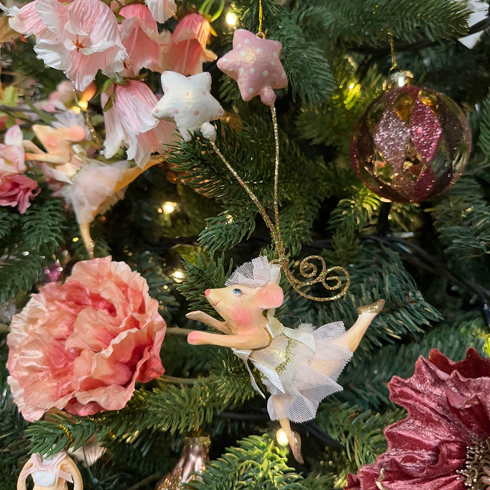 Viv! Christmas Kerstornament - Ballerina muisjes met ballonnen - set van 2 - roze wit - 18,5cm