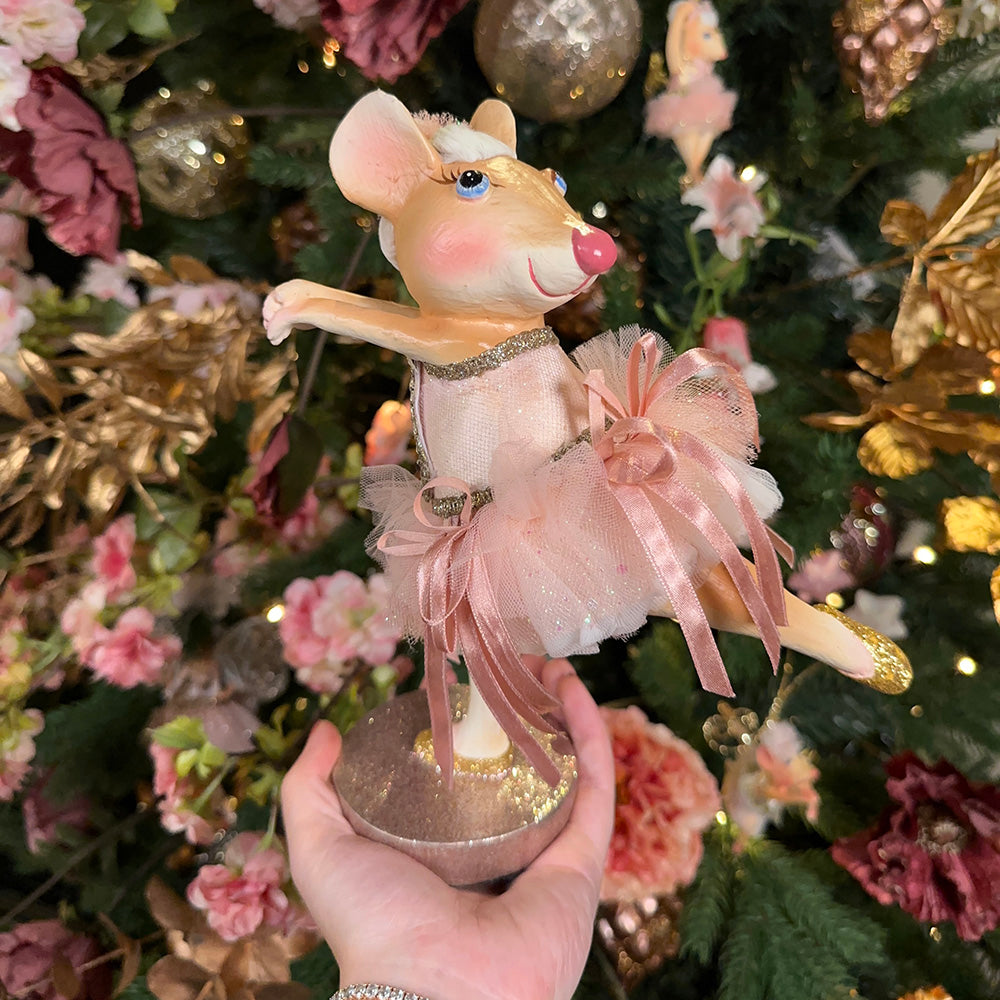 Viv! Christmas Kerst Decoratiebeeld - Ballerina muis - roze - 23cm