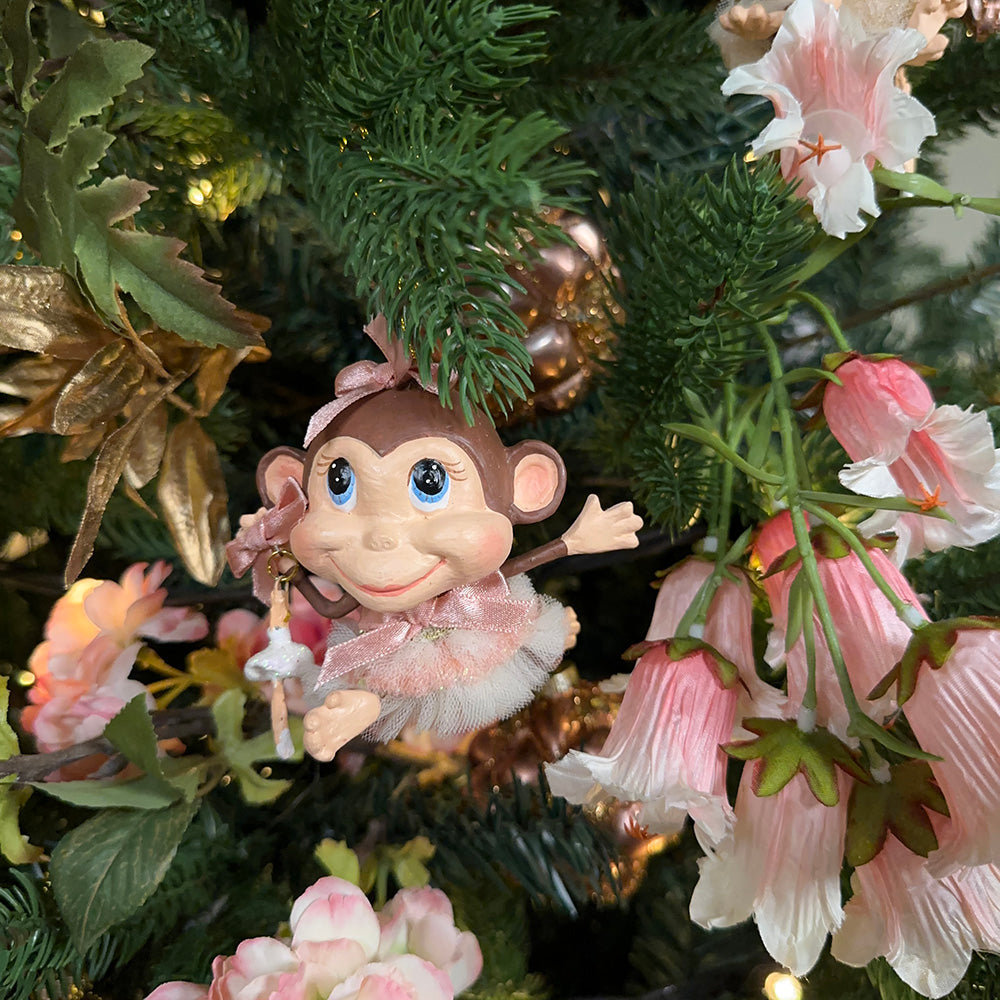 Viv! Christmas Kerstornament - Ballerina aapjes - set van 2 - bruin roze goud - 9cm