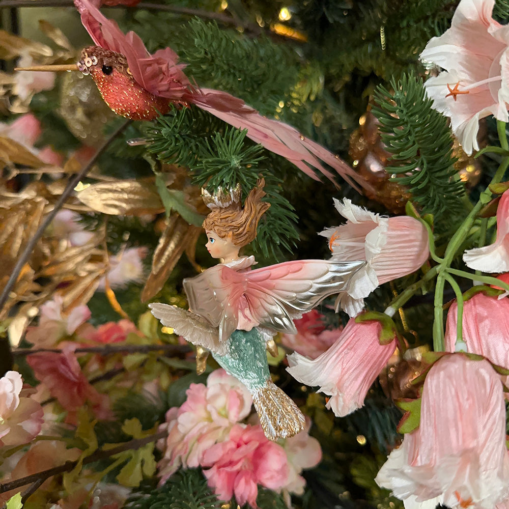 Viv! Christmas Kerstornament - Elfjes op vogels - set van 2 - groen roze - 11cm