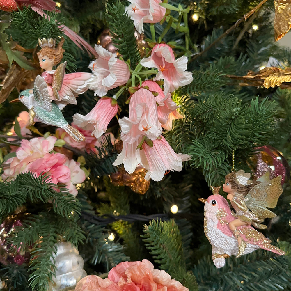 Viv! Christmas Kerstornament - Elfjes op vogels - set van 2 - groen roze - 11cm